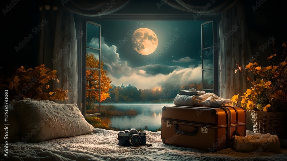 Poster serene autumn evening landscape with a moonlit lake reflecting the sky surrounded by fall foliage vi