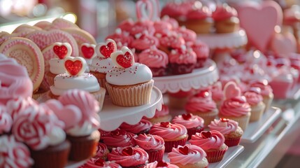 A bakery display filled with Valentine's-themed cupcakes, cookies, and heart-shaped pastries. Pink and red frosting decorates each sweet treat.