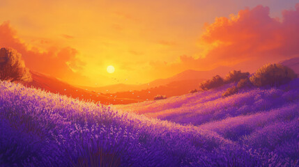 Obraz premium Lavender Dream: Field Under a Golden Sunset