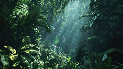 Obraz premium Lush Tropical Rainforest Canopy with Sunlight Streaming Through the Leaves