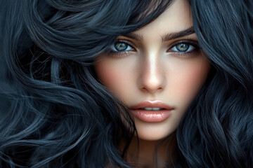 Naklejka premium Beautiful woman with long black hair standing on a beach at sunset, looking out at the ocean with a serene expression, waves crashing in the background.