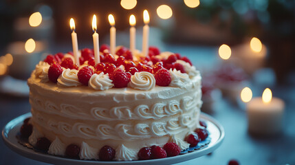 Delicious Raspberry Birthday Cake Festive Candles Sweet Treat Delicious Dessert Romantic Festive    