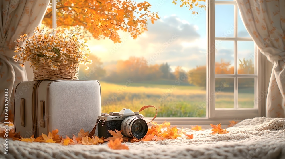 Poster cozy autumn scene with warm sunlight streaming through a window casting a soft glow on fallen leaves