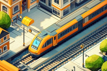 Low-poly stylized cityscape with train at station.