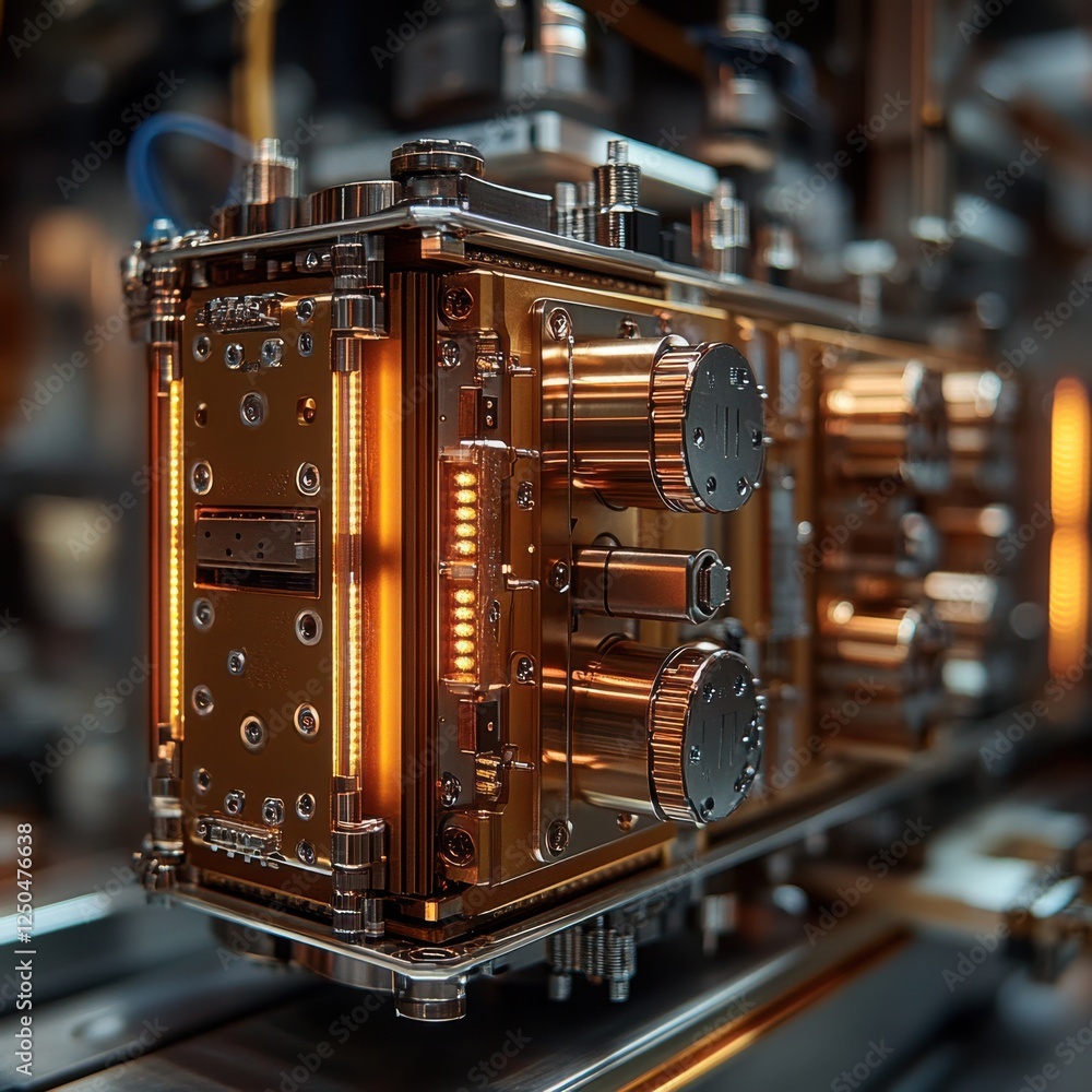 Poster close-up view of an intricate mechanical device with orange glowing elements and metallic textures