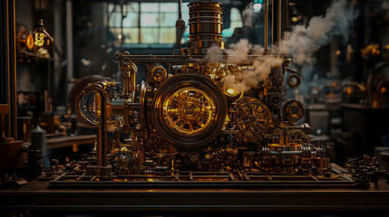 Intricate steampunk contraption with brass gears, glowing tubes, polished wood details, and steam rising, set in a vintage workshop
