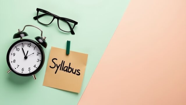 Study Session Essentials: Clock, Syllabus, and Glasses on Pastel Backdrop