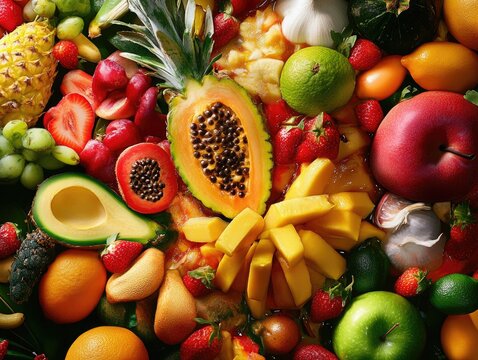 Vibrant assortment of fresh tropical fruits, a colorful and healthy food display
