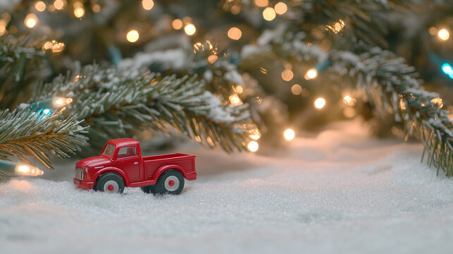 Christmas - themed Background, Red Truck Toy on Snowy Pine Branches with Mistletoe and Bokeh Lights, Ideal for Card Templates