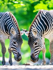 Fototapeta premium Two Zebras Grazing in a Sunny Zoo Park - Two zebras peacefully graze in a lush zoo park under the sunny sky, symbolizing unity, wildlife, nature, freedom, and serenity.