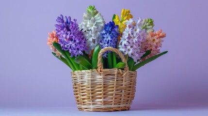 A wicker basket with lush hyacinths. Bright flowers are a gift for March 8th. A postcard for the women's holiday.