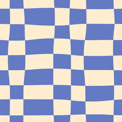 Abstract seamless large pattern of horizontal blue stripes in a row on a light background, distorted checkerboard pattern, wavy checkered pattern, simple hand drawn illustration, flat style