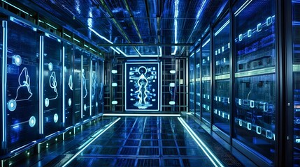 Futuristic Digital Circuit Board with Glowing Connections and High-Tech Server Background in Blue Lighting