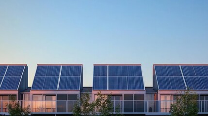 Fototapeta premium Row Of Homes With Solar Panels On Roofs Under Blue Evening Sky