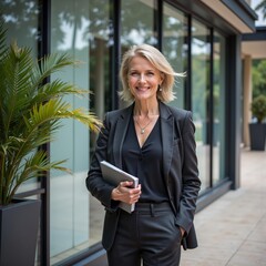 Fototapeta premium Confident businesswoman standing in modern office environment with notebook, photography of portrait concept.