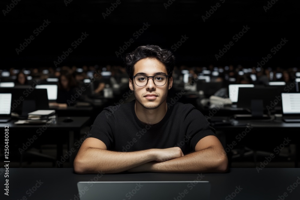 Poster student focused on learning in a modern classroom setting with multiple computer workstations around