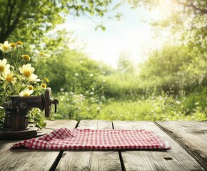 Rustic Wooden Tablecloth with Flowers, Sunny Garden Background