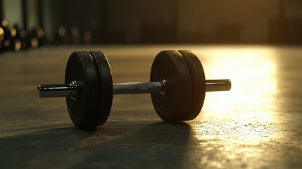 A close-up shot of a dumbbell resting on a gym floor, illuminated by warm light, emphasizing fitness and strength training.