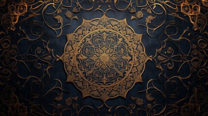 Elegant luxury arabic background featuring intricate patterns, rich gold and deep jewel tones, creating a sophisticated atmosphere with ornate design elements and exquisite detailing for high-end inte