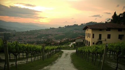 Fototapeta premium Sunset vineyard path, Italian hillside village