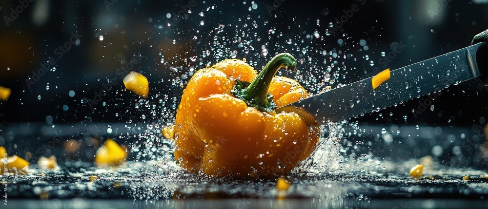 Poster close-up of a fresh bell pepper being sliced with a sharp knife in dynamic splashing water