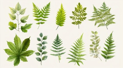 Collection of Various Green Leaves and Ferns on a Light Background