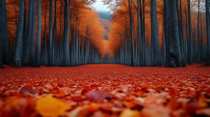 Autumnal forest path, vibrant fall foliage, woodland scene, misty mountains
