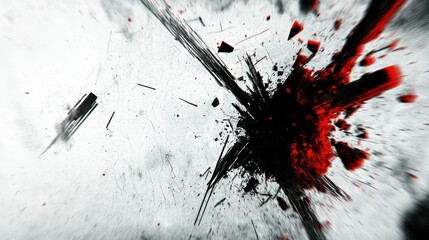 Black and red explosion bursting on white textured background, digital art