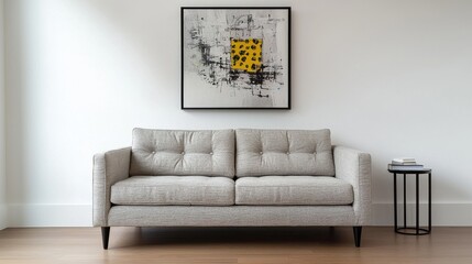 A modern living room featuring a stylish, tufted sofa and abstract wall art, creating a contemporary and inviting atmosphere.