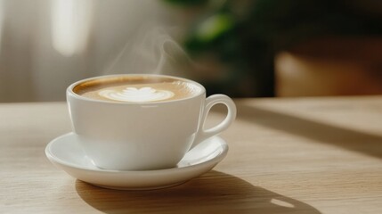 A steaming cup of coffee sits on a wooden table, creating a cozy atmosphere with soft lighting and a hint of nature in the background.