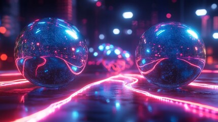 Two Glowing Spheres With Neon Light Trails
