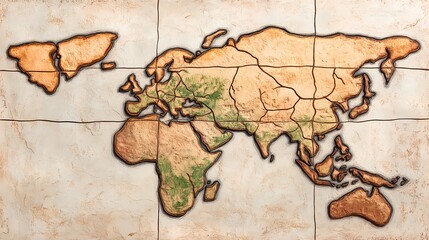 Detailed Vintage World Map On Aged Parchment