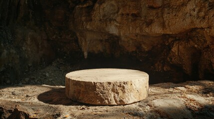 Fototapeta premium A circular stone platform rests in a natural cave, illuminated by soft light, showcasing its rough texture against a rocky backdrop.