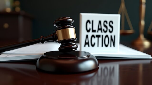 Gavel resting near 'Class Action' text, symbolizing legal proceedings and justice