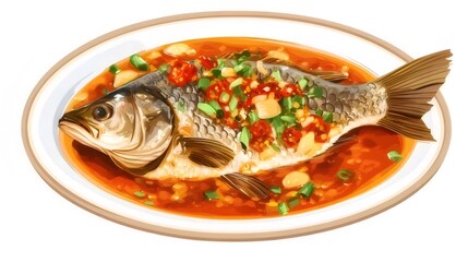 Steamed fish in spicy sauce on oval plate.