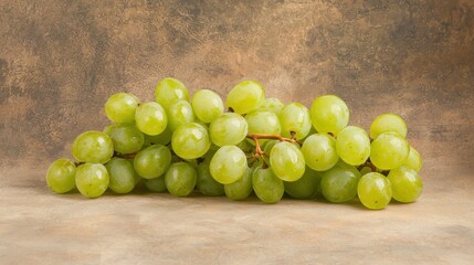 A cluster of fresh green grapes resting on a textured surface, showcasing their plump, juicy appearance.