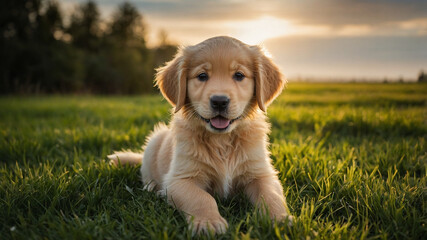 Adorable Golden Retriever Puppy Enjoying a Sunny Day on Green Grass