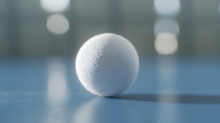 A close-up of a white ball on a blue surface, softly illuminated, with a blurred background creating a serene atmosphere.