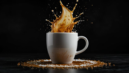 White Coffee Cup with Cappuccino Splashing in the Air on Black Background, Dynamic Action

