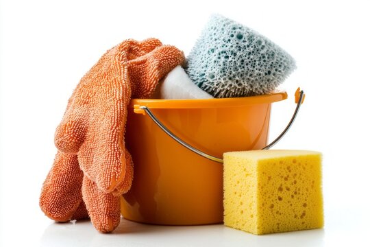 A vibrant yellow bucket showcases an orange pair of gloves, a textured sponge, and a soft yellow one, all essential tools for tackling household cleaning with ease and efficiency