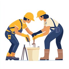 Two workers collaborating on a project with tools and materials in a construction setting.