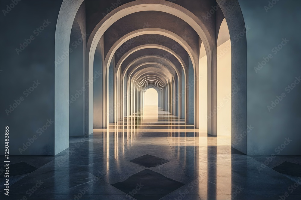 Poster a series of elegant arches leading to a bright, illuminated space at the end, creating a sense of de