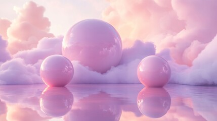 Pastel Pink Spheres On Fluffy Clouds