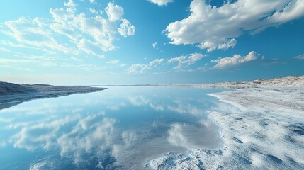 Obraz premium Sandy Beach with a Blue Ocean and Cloudy Sky