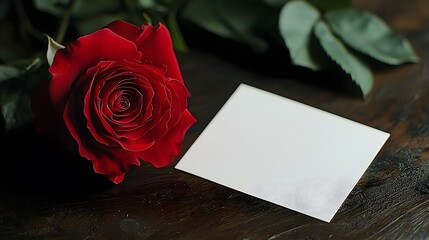 Red Rose and Blank Note: A single, velvety red rose rests elegantly beside a blank white note card on a dark wooden surface, creating a romantic and intimate mood.