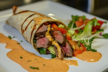 A close-up of a freshly prepared beef wrap sandwich filled with tender slices of beef, crisp vegetables, and a drizzle of mustard sauce, neatly presented on a white plate.