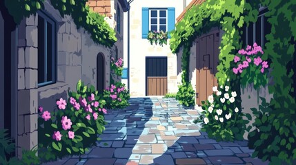 Naklejka premium Charming European Alleyway Scene with Cobblestone Street and Floral Accents