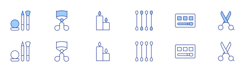 Beauty icon set in two styles, Duotone and Thin Line style. Editable stroke. cotton swabs, eye shadow, barber shop, makeup, eyelash curler, aroma