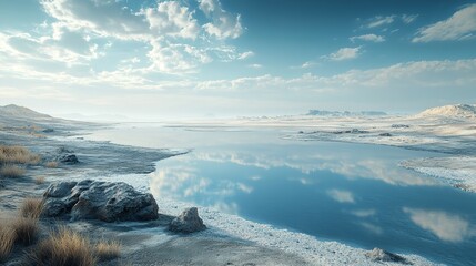 Obraz premium Sandy Beach with a Blue Ocean and Cloudy Sky