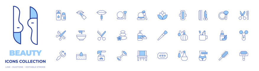 Beauty icons collection. Line Duotone style, editable stroke. slim, toothbrush, body lotion, beauty, dressing room, blade, fragance, fragrance, facial roller, hot stones, wax